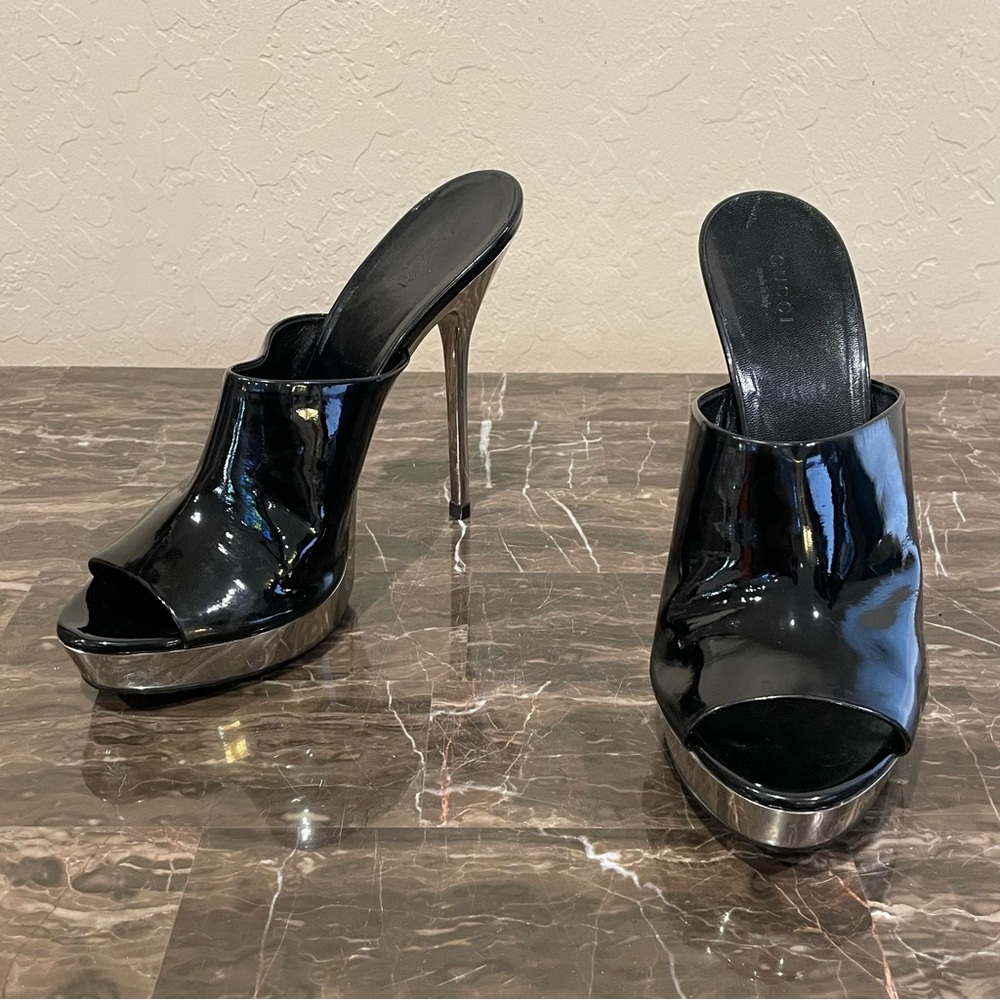 Gucci Patent Leather Peep Toe Stiletto Sandals - Picture 16 of 16